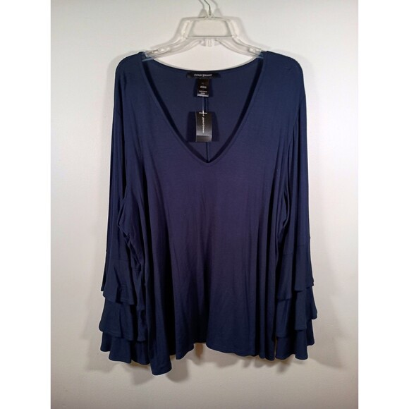 NWT Ashley Stewart Peacoat Navy Blue Long Bell Ruffle Sleeve Top Plus Size 22/24 - Picture 1 of 6